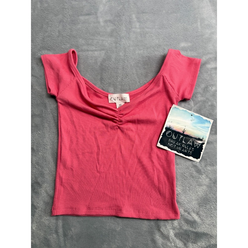 Outlaw Crop Top Womens XS Pink Ribbed Tight Knit Short Sleeve Ruched Scoop Neck